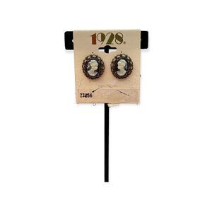 1928 Cameo Blue Cream Bronze Stud Earrings